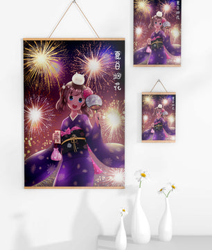 Girl in Yukata Celebrating Fireworks Festival with Cat and Fan