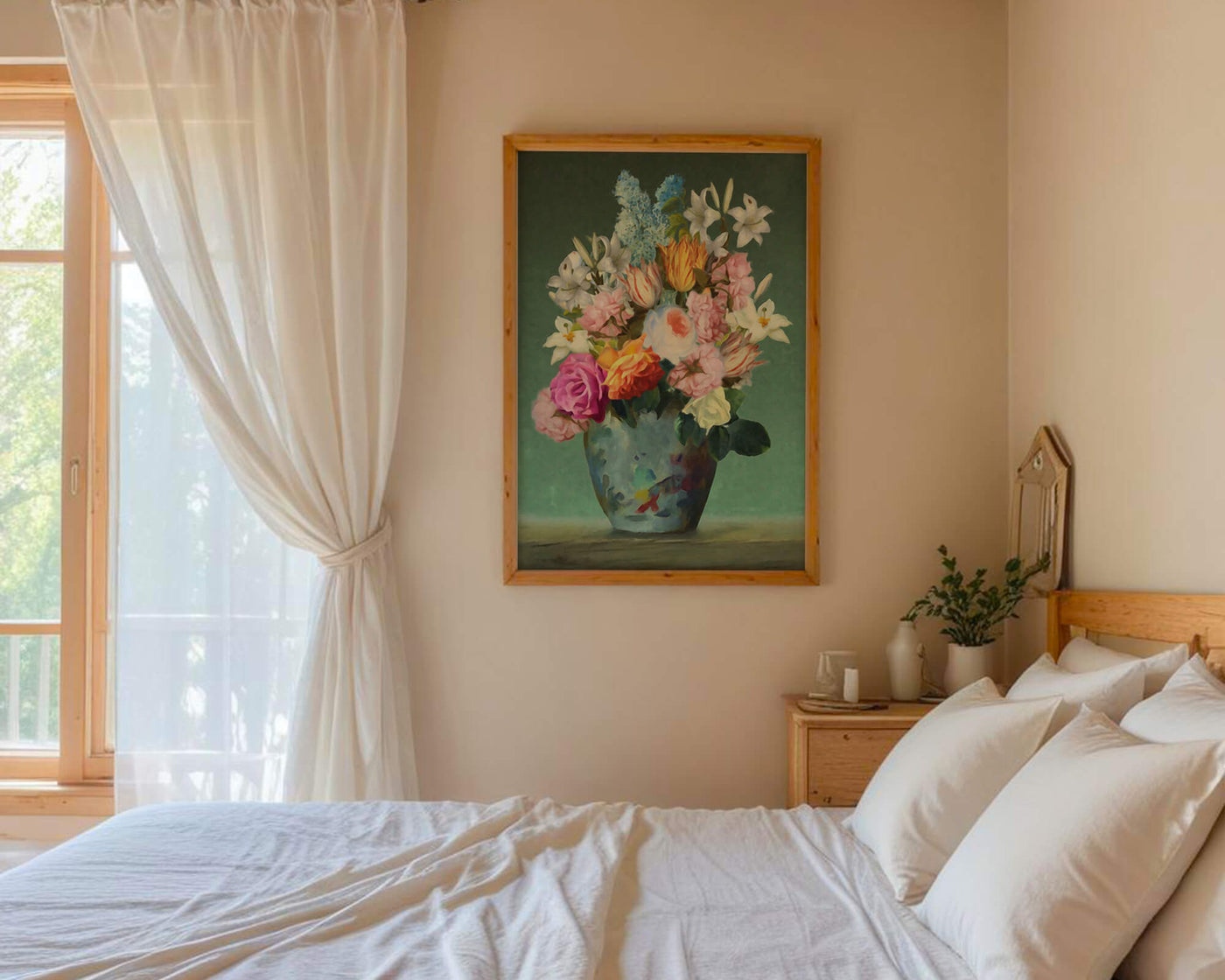 Floral arrangement in a decorative vase on a green background