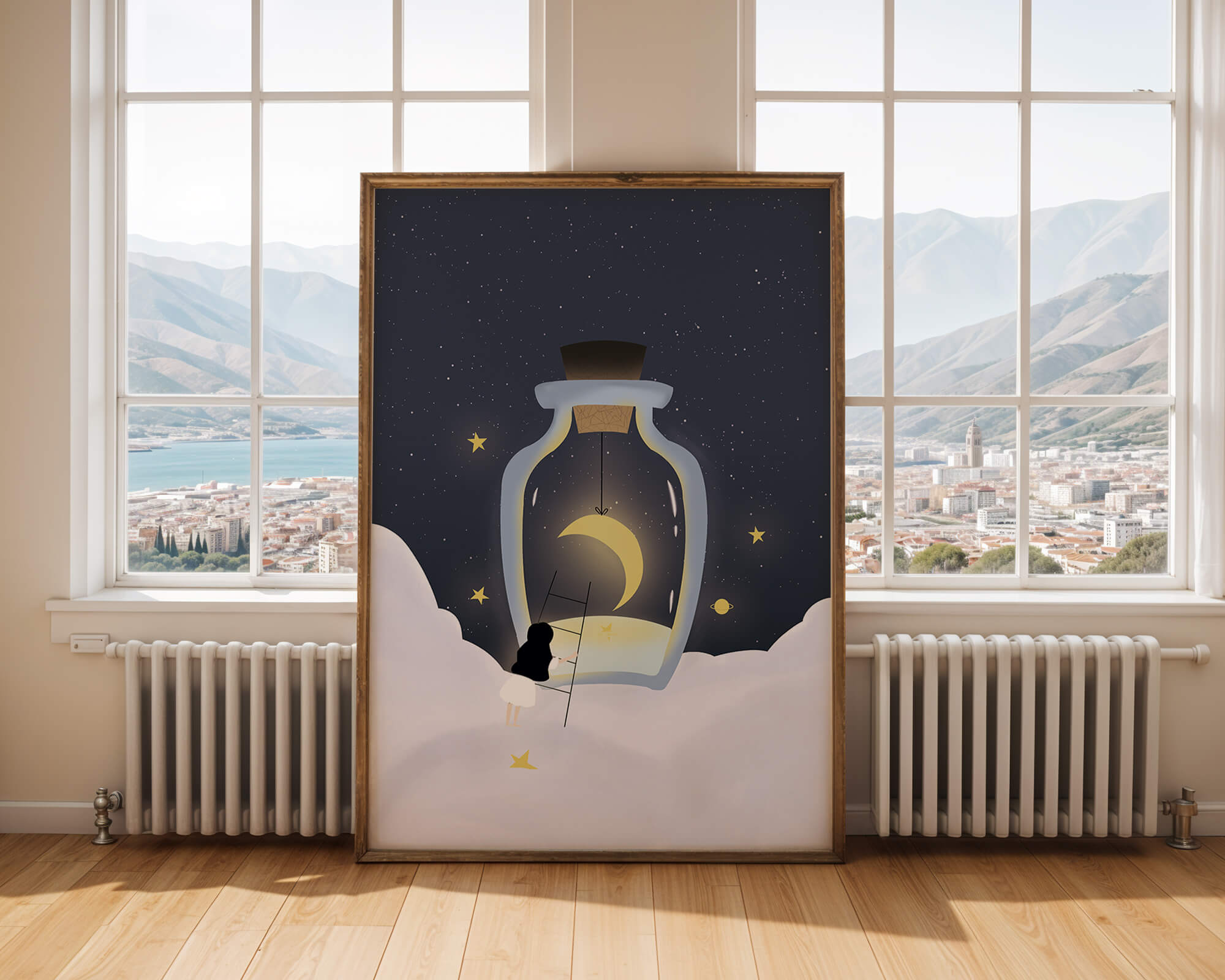 Fantasy Scene with Girl and Moon in a Bottle