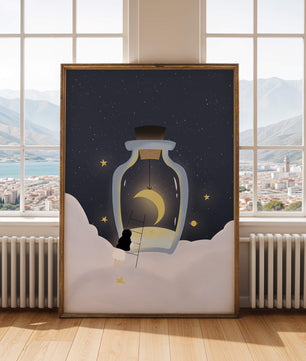 Fantasy Scene with Girl and Moon in a Bottle