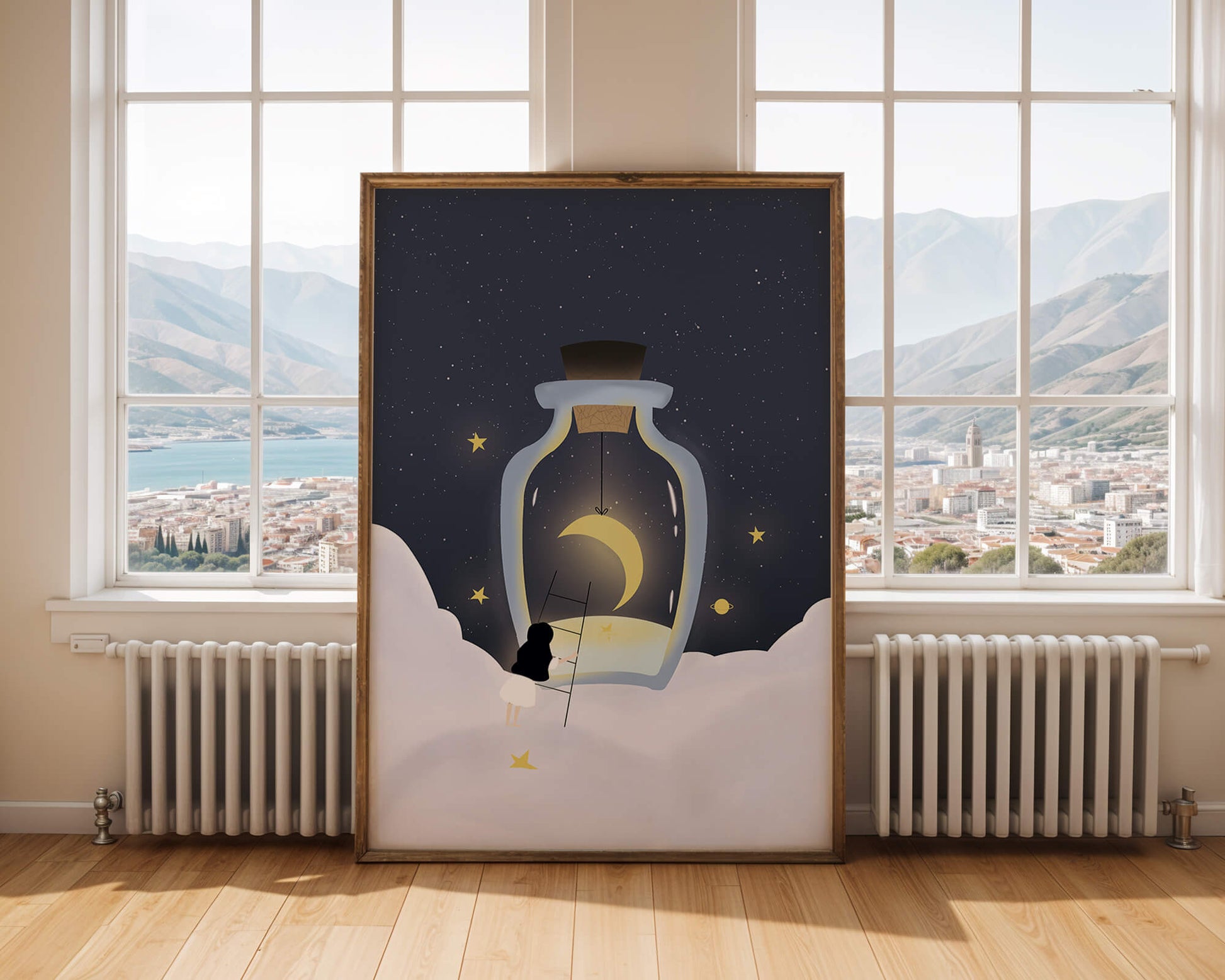 Fantasy Scene with Girl and Moon in a Bottle