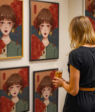 Digital art of a girl with floral and lantern elements