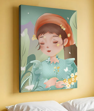 Ilustración serena de una chica en la naturaleza con flores y mariposas