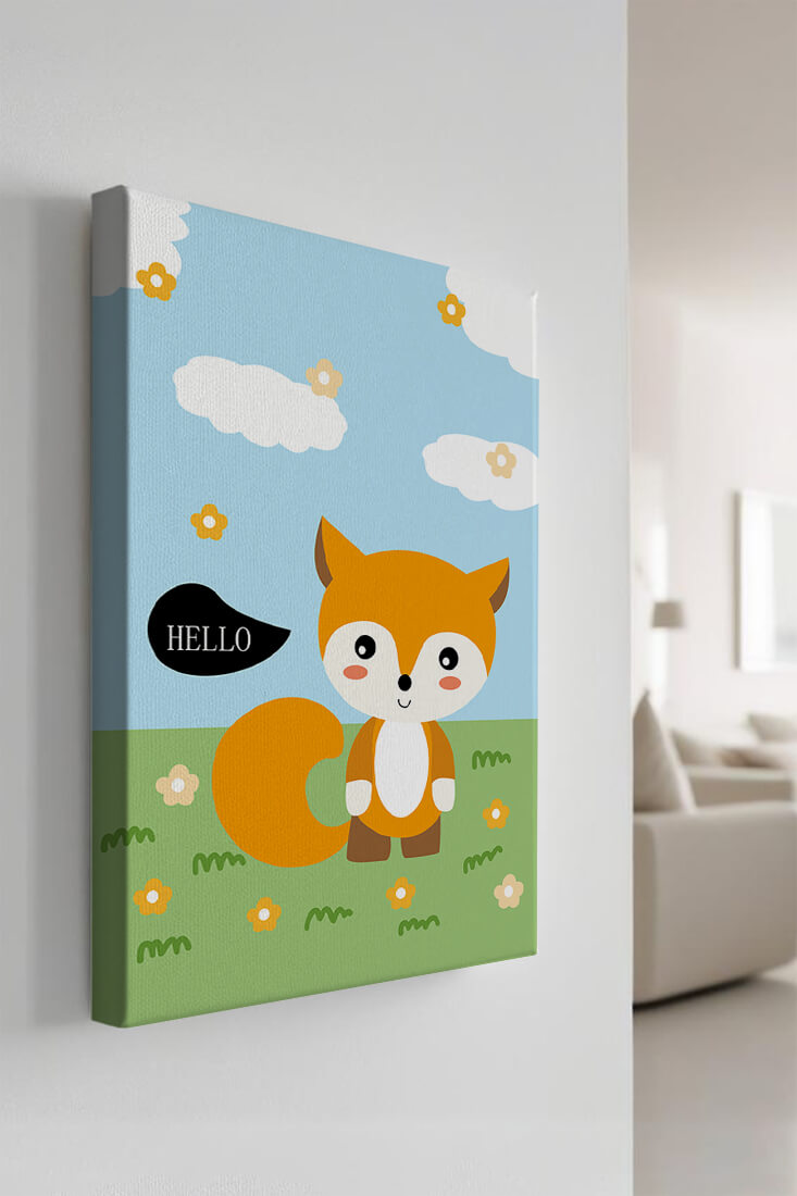Illustrated cartoon fox greeting with flowers and clouds in playful background