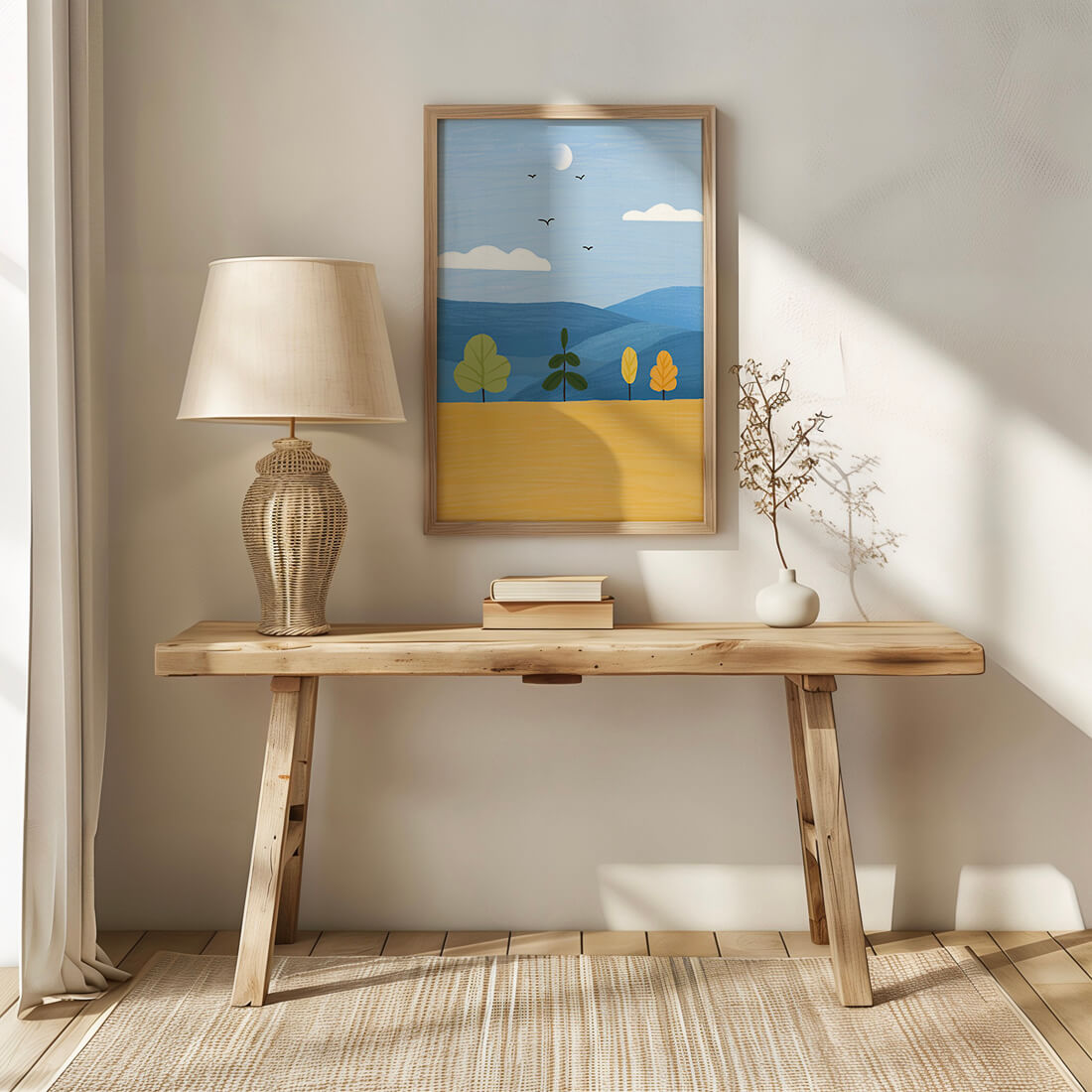 Paisaje colorido con árboles y aves en un campo sereno