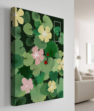 Colorful floral illustration with ladybugs in a lush garden setting