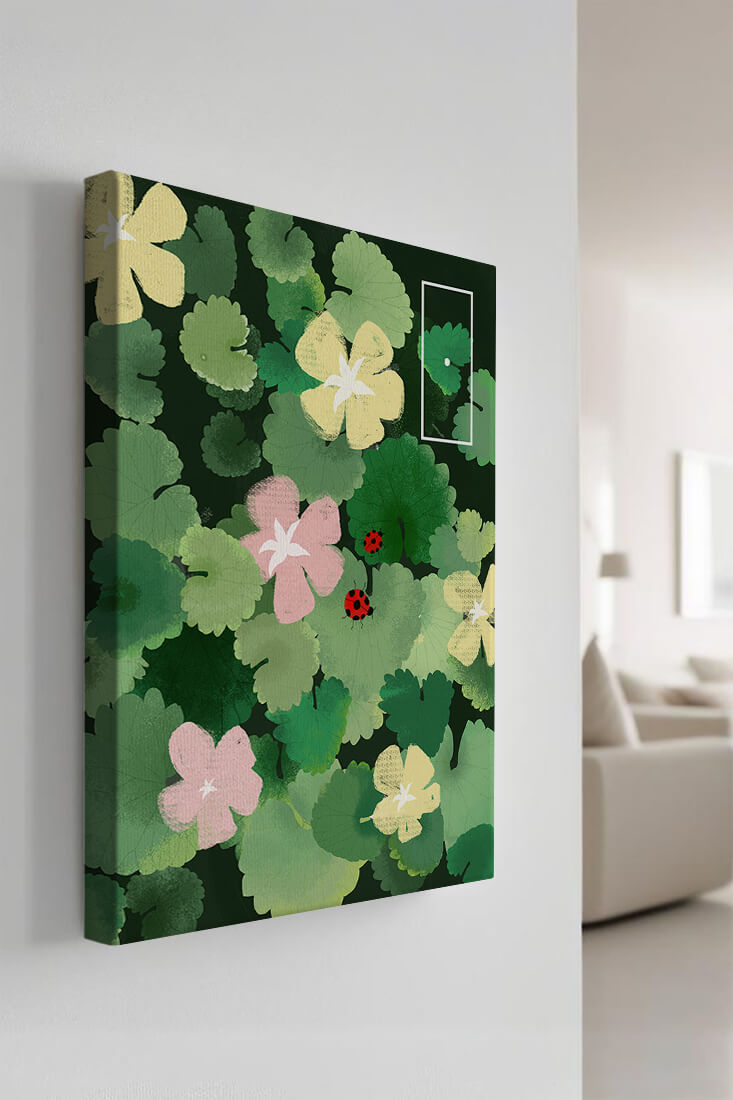 Colorful floral illustration with ladybugs in a lush garden setting