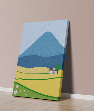 Serene Countryside Landscape with Mountain and Flowers