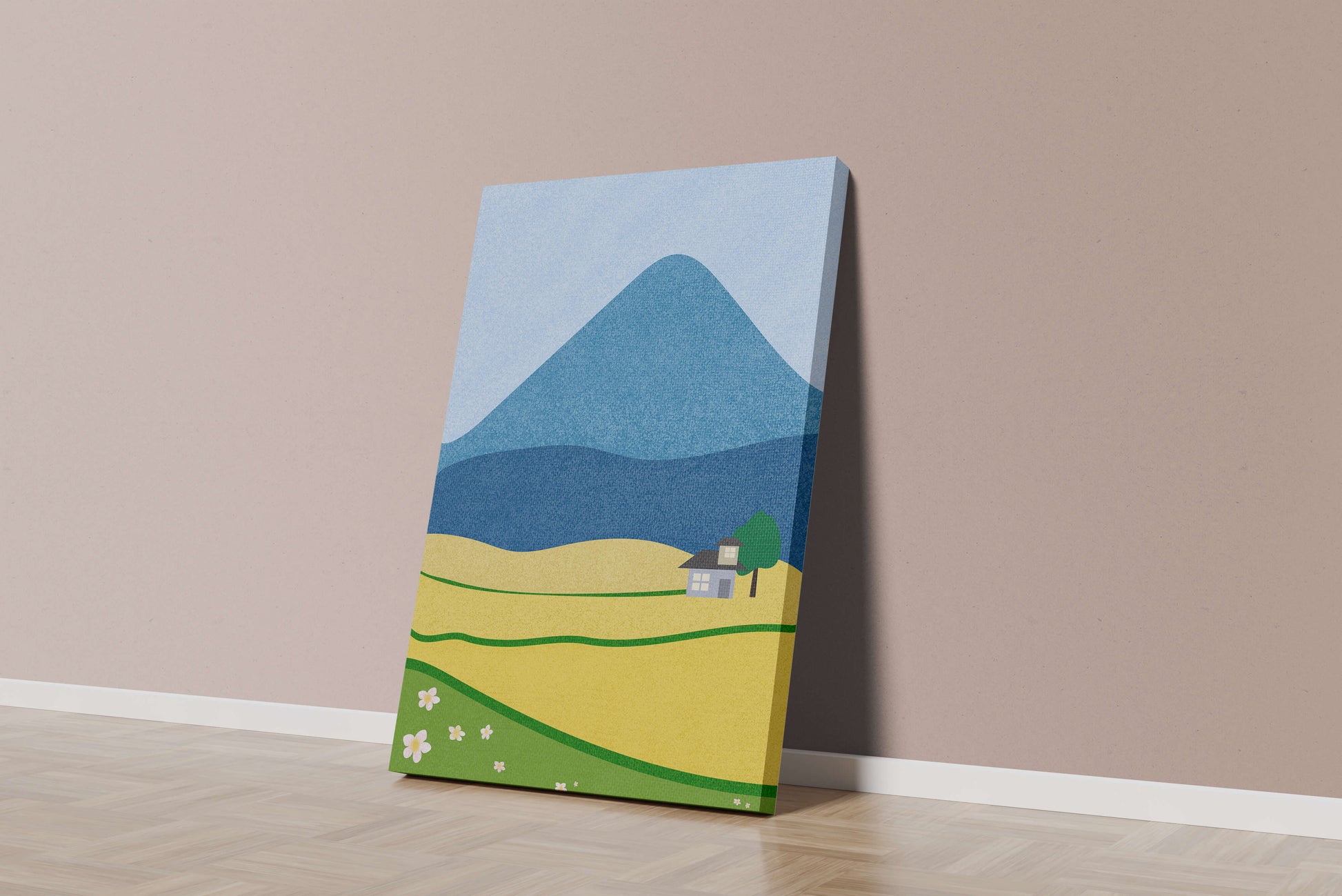 Serene Countryside Landscape with Mountain and Flowers