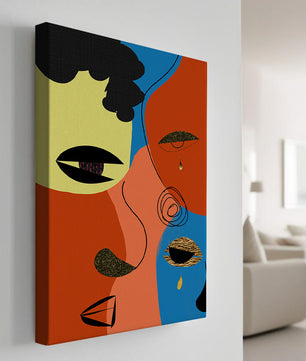 Abstract faces with vibrant colors and gold accents