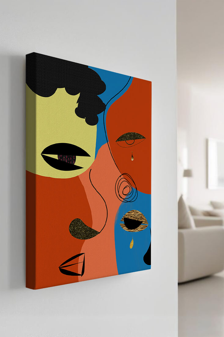 Abstract faces with vibrant colors and gold accents