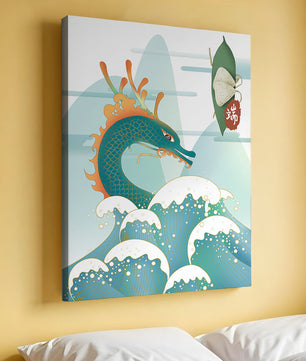 Illustration d’un dragon avec des vagues et des éléments traditionnels chinois