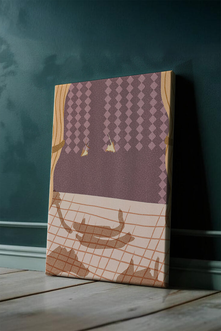 Abstract Interior with Cats' Shadows on Checkered Floor