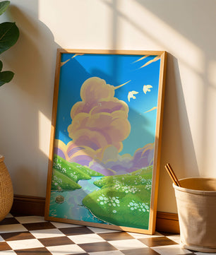 Serene landscape with rolling hills, stream, and vibrant sky