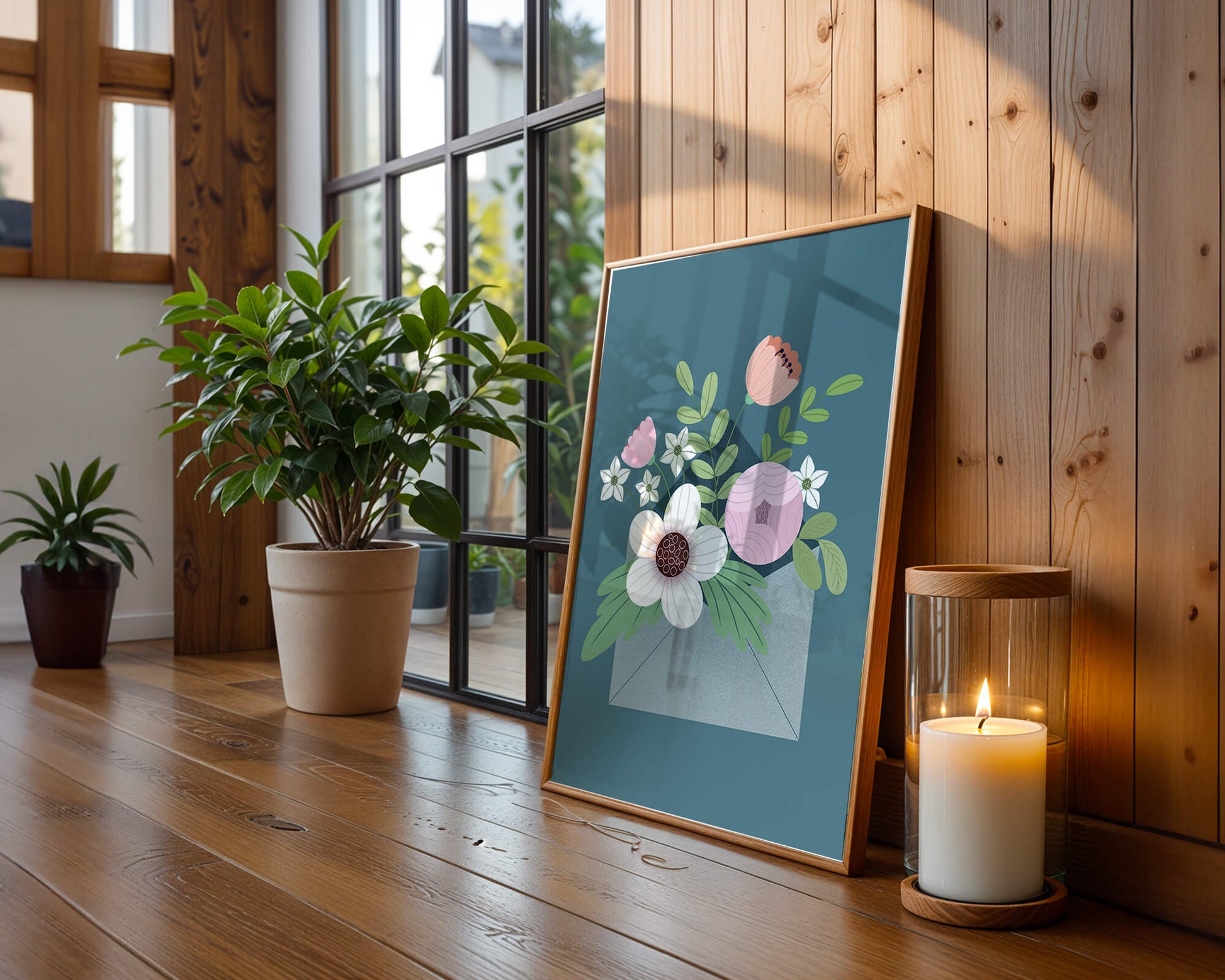 Floral bouquet in envelope with elegant botanical design