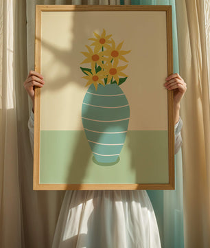 Yellow Sunflowers in a Blue Striped Vase on a Minimalist Background - Mi tienda