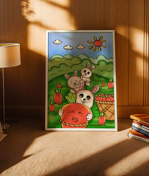 Illustration de lapins espiègles avec des carottes dans un champ ensoleillé