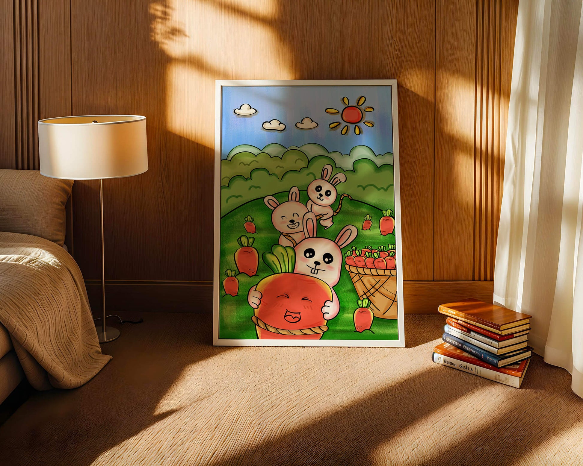 Illustration de lapins espiègles avec des carottes dans un champ ensoleillé