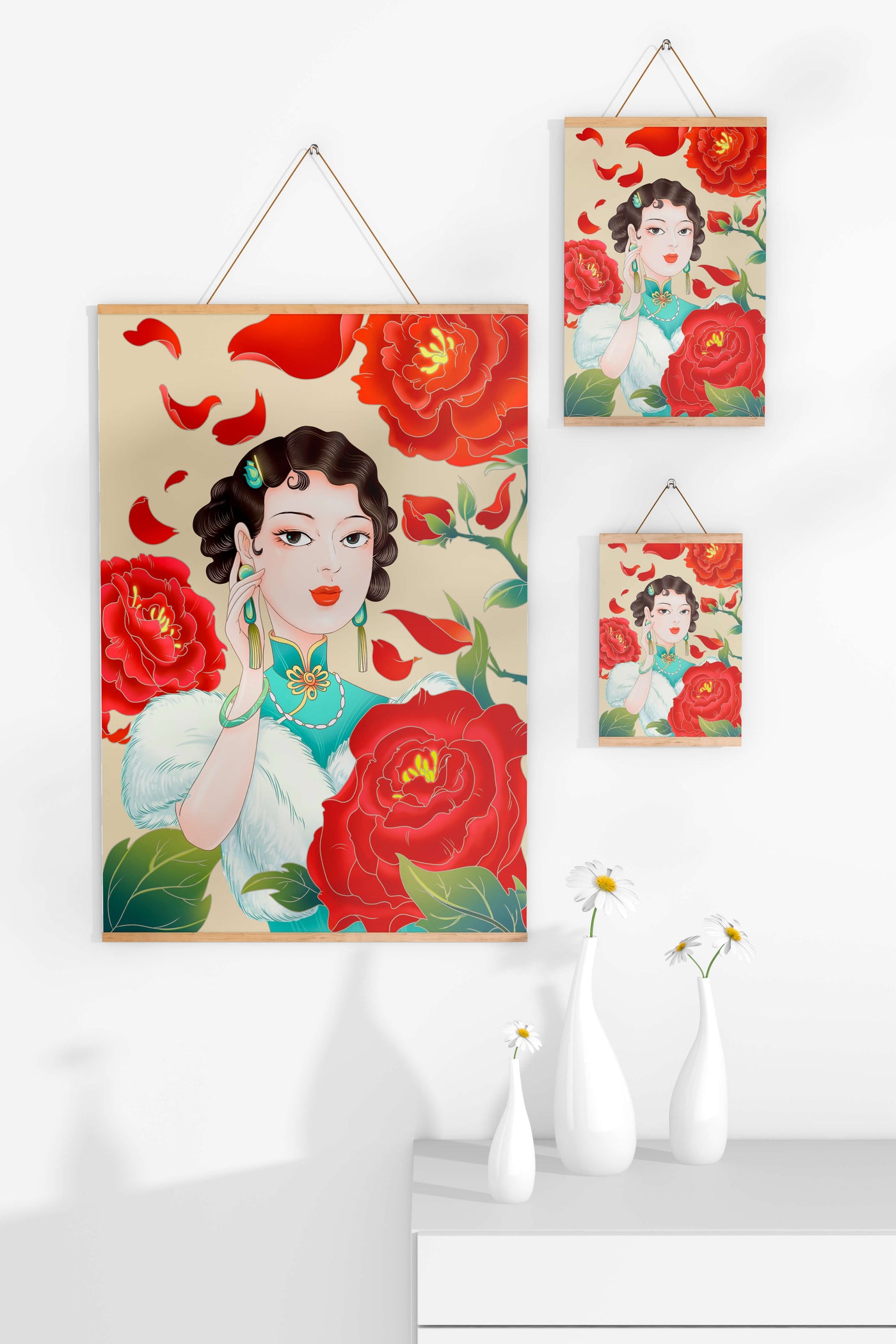 Elegant woman surrounded by vibrant red flowers and petals
