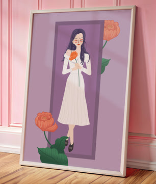 Illustration of a woman holding a flower in a serene pose