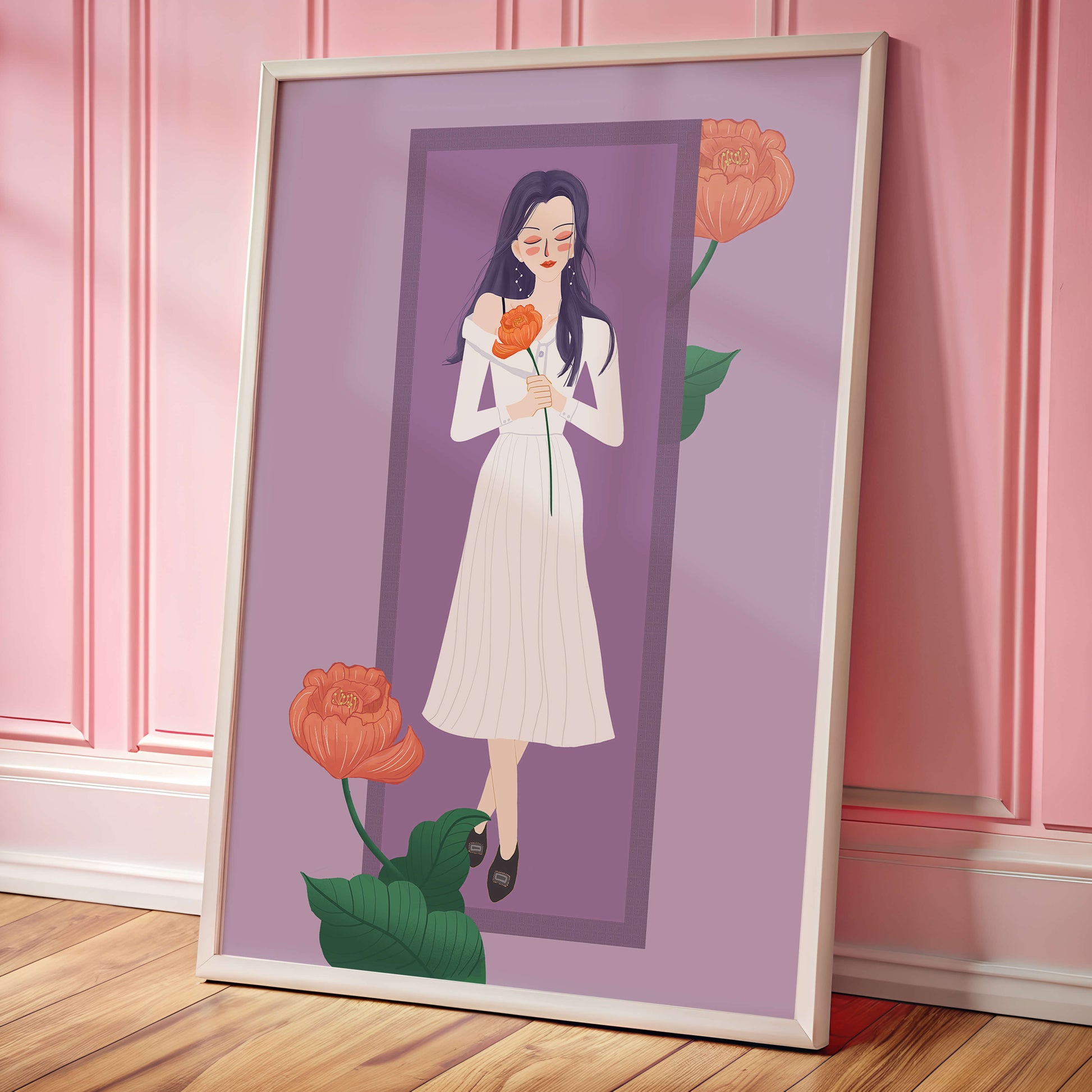Illustration of a woman holding a flower in a serene pose