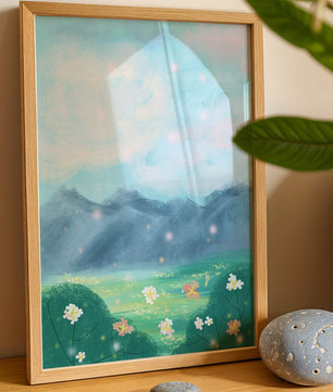 Serene Landscape with Blooming Flowers and Majestic Mountains