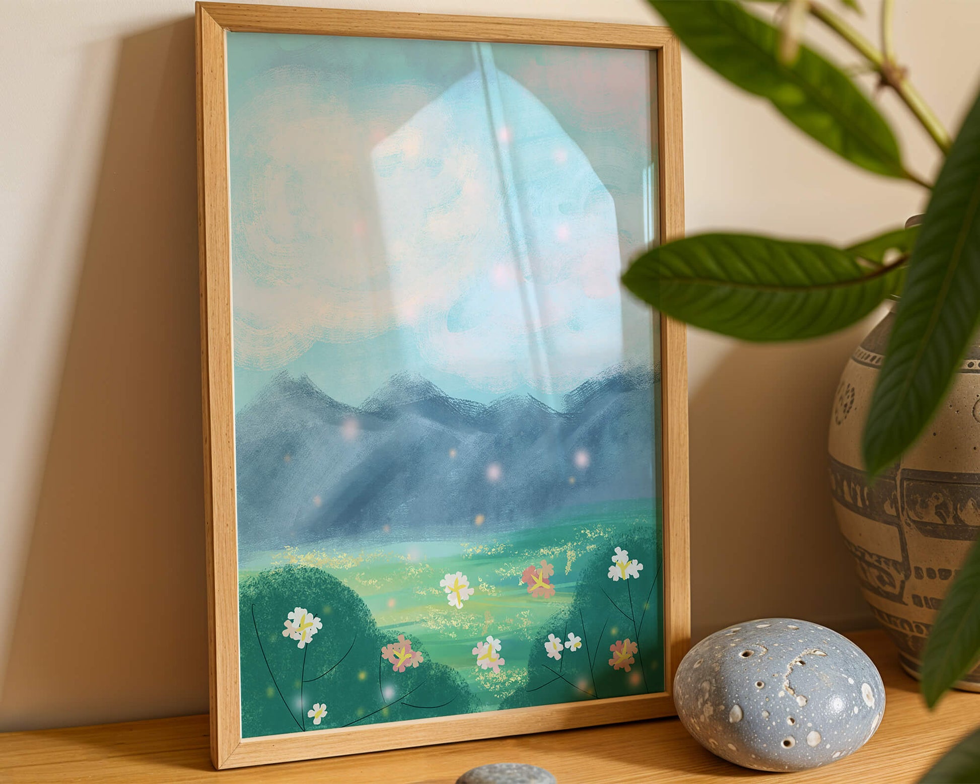 Serene Landscape with Blooming Flowers and Majestic Mountains