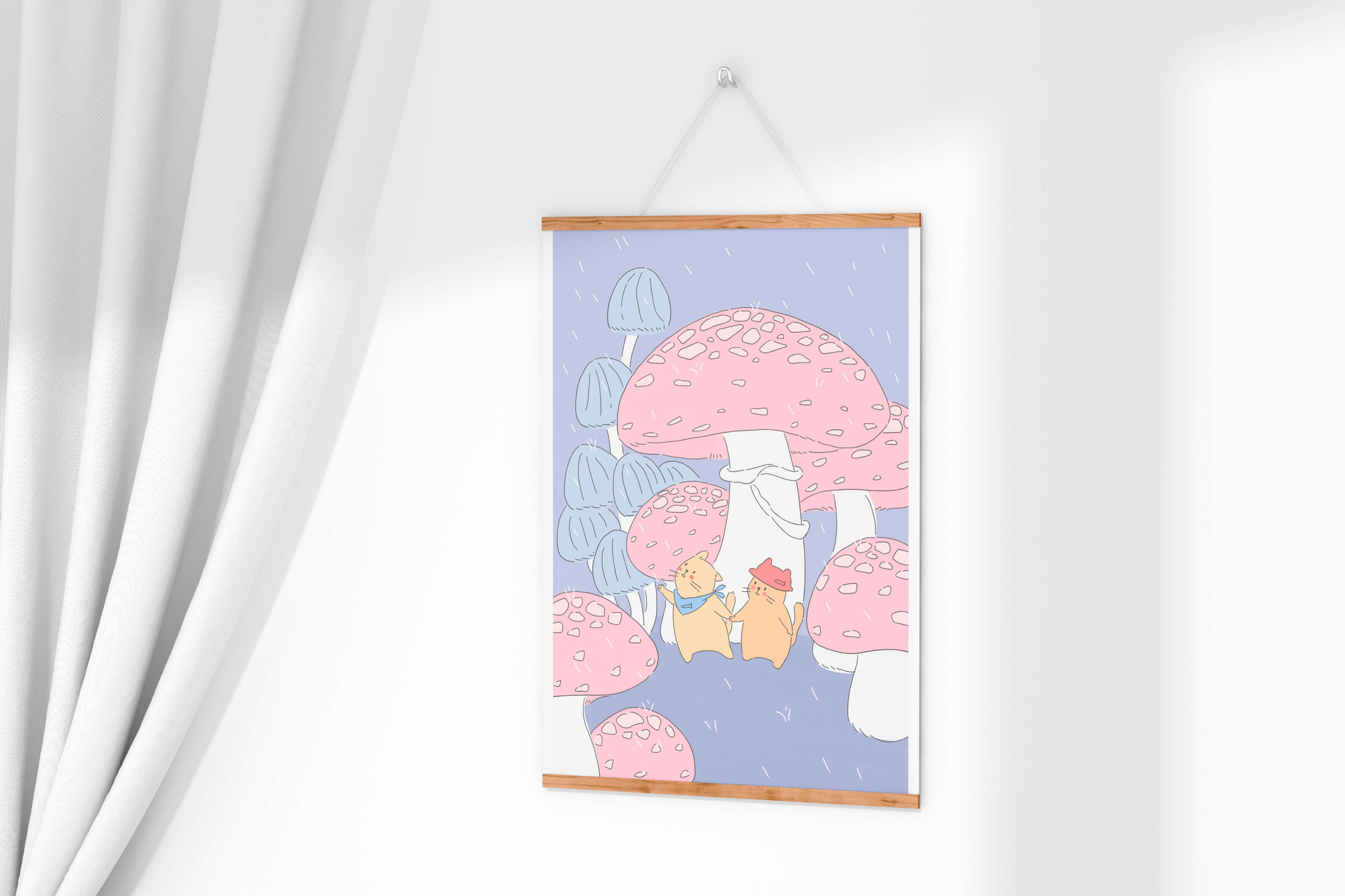 Charming illustration of cats among whimsical mushrooms
