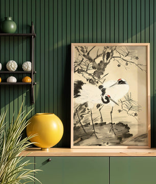Traditional Japanese Painting of Cranes with Pine Tree and Gold Details