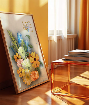 Floral and crystal arrangement with golden butterfly
