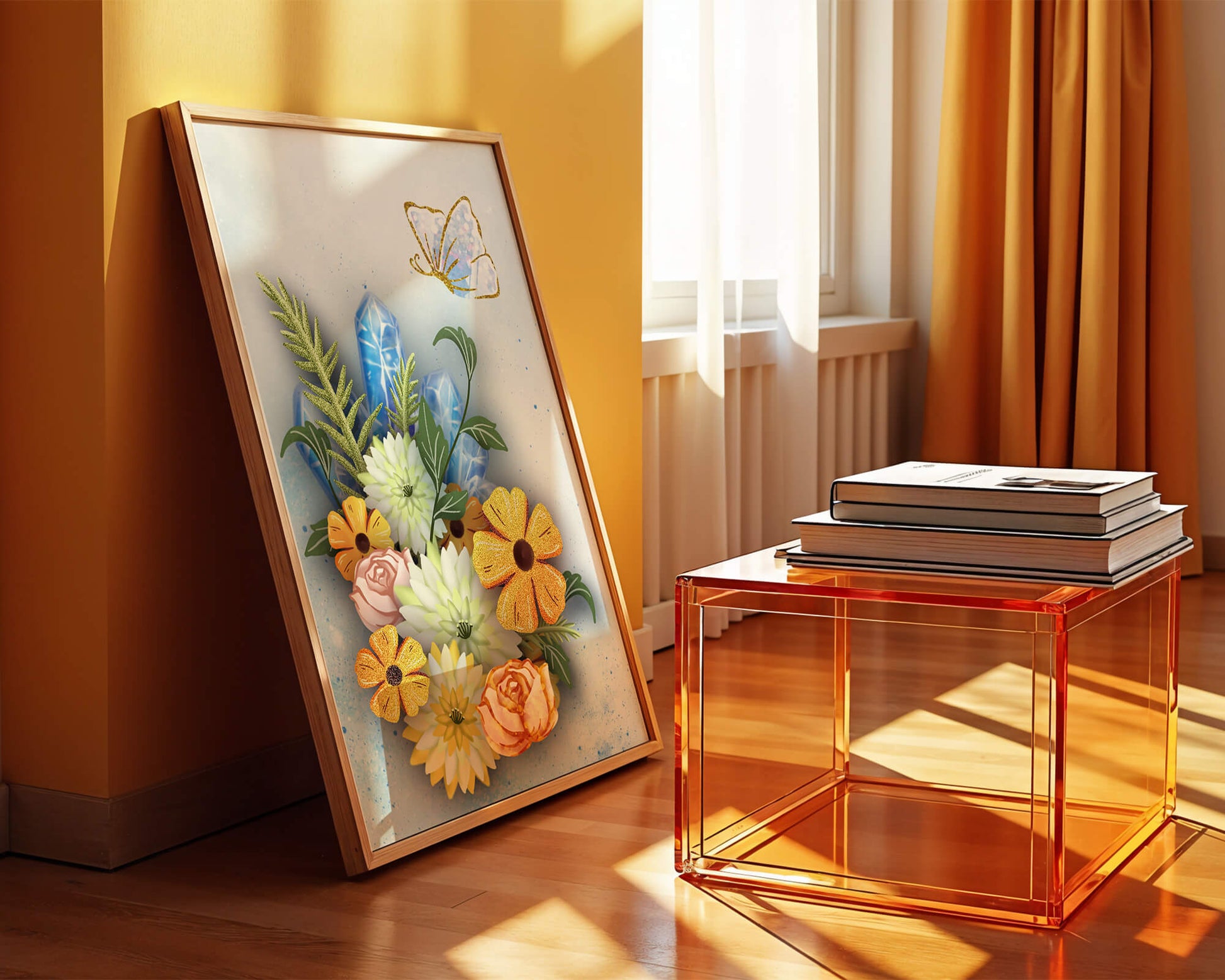 Floral and crystal arrangement with golden butterfly