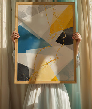 Abstract Geometric Art with Gold Accents in Blue, Yellow, and Gray - Mi tienda