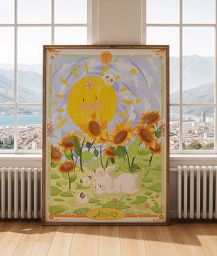 Ilustración encantadora de Aries con animales juguetones y girasoles