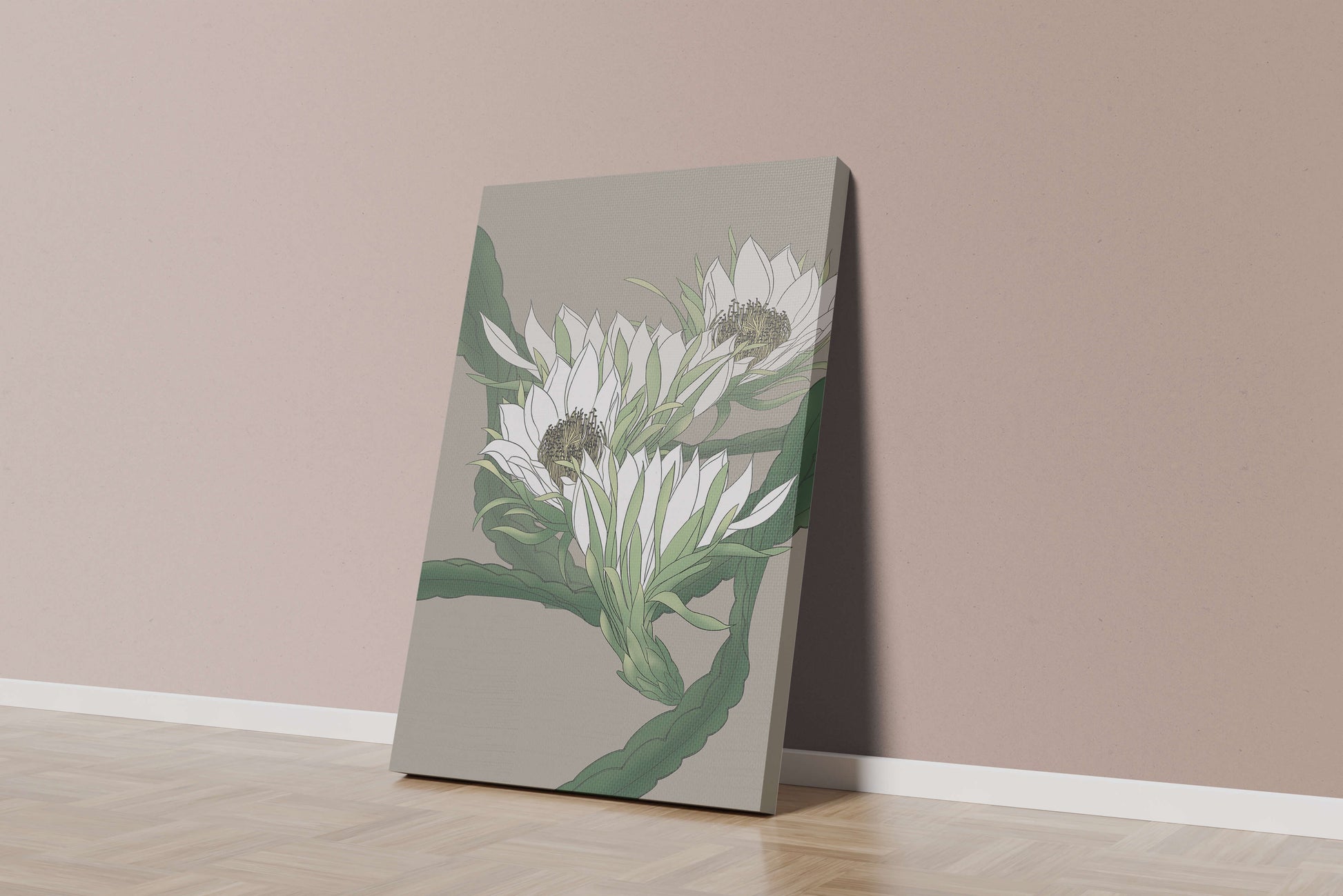 Beautiful botanical illustration of white blooming flowers with green leaves
