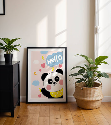 Panda illustration with playful elements and pastel colors