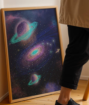 Colorful space illustration with planets and galaxy