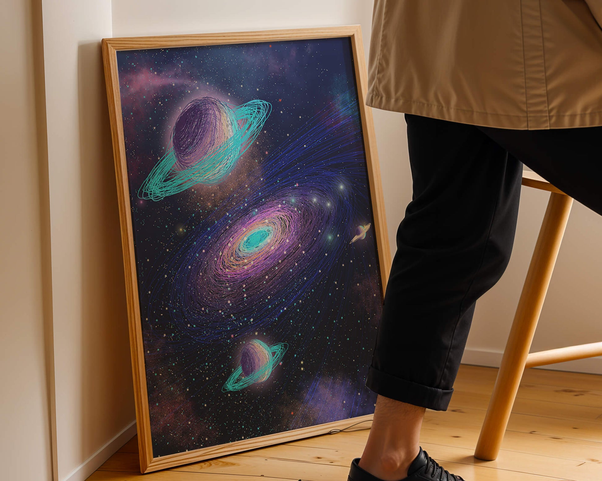 Colorful space illustration with planets and galaxy