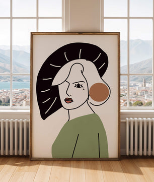 Minimalist Abstract Portrait Featuring Woman with Black Hat and Green Outfit - Mi tienda