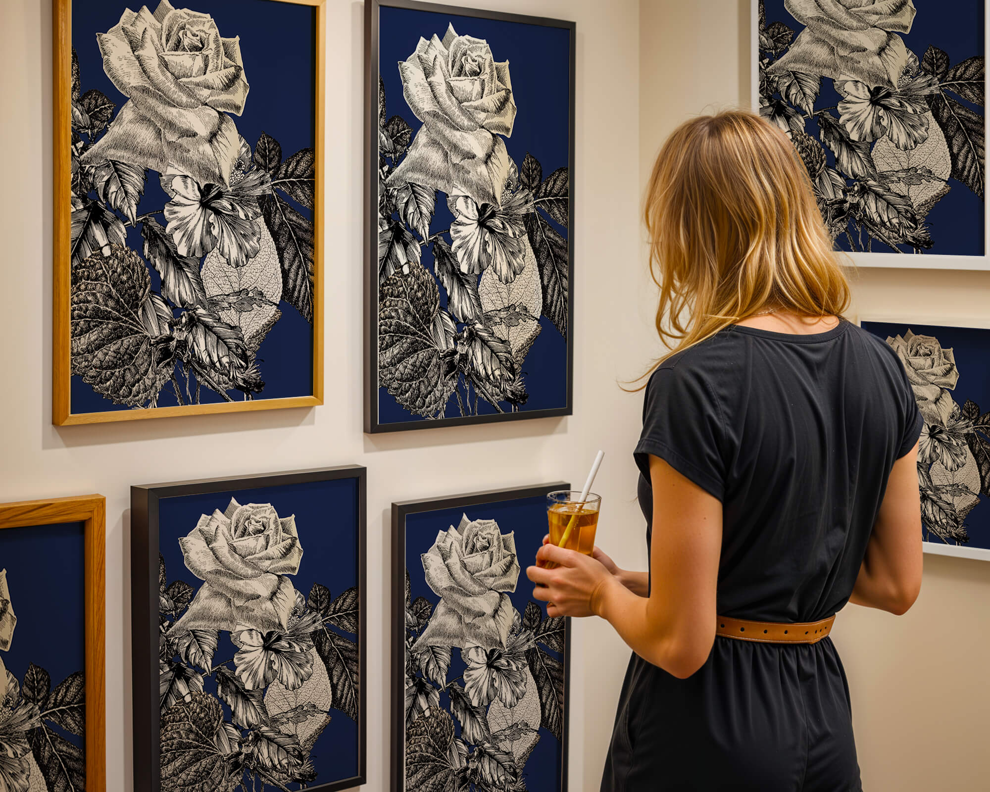 Intricate botanical illustration of roses and foliage on a deep blue background