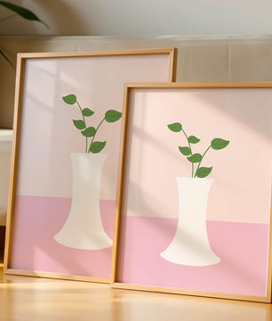 Simple Minimalist Illustration of a White Vase with Green Leaves on a Pink Background - Mi tienda