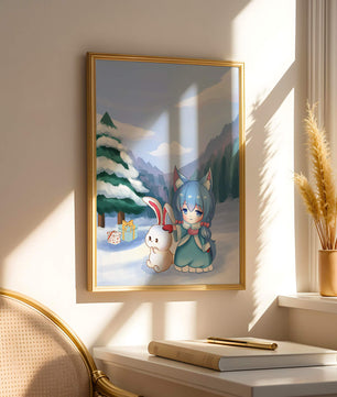 Winter scene with cute chibi character and bunny in snowy landscape