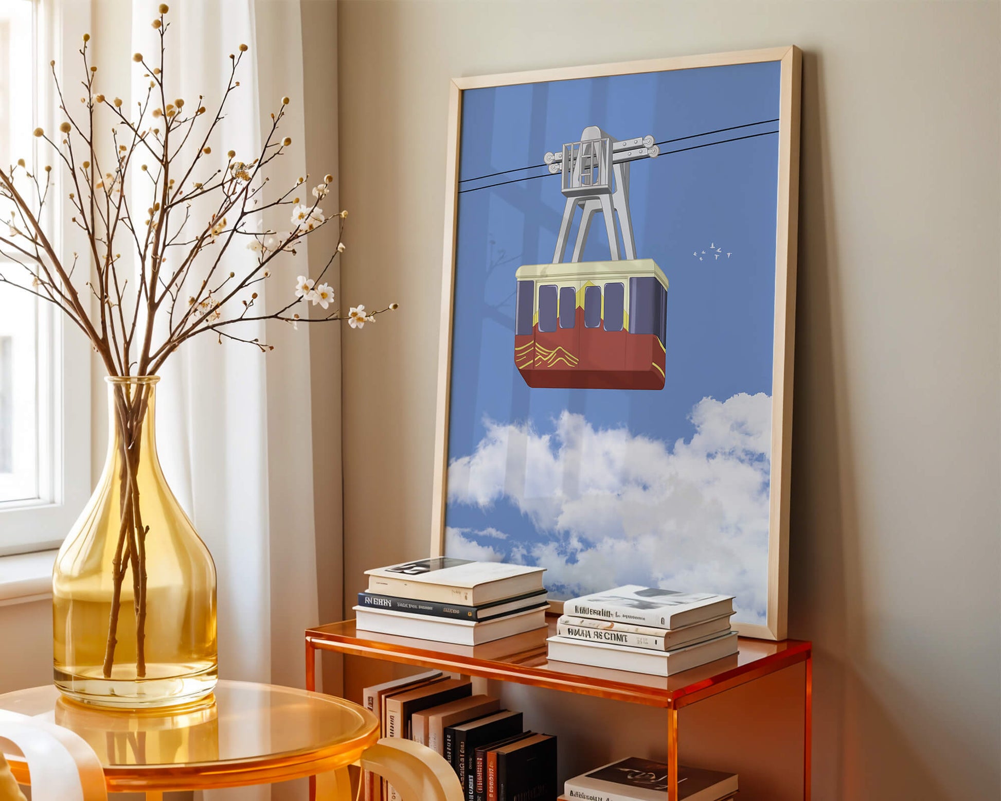 Colorful cable car against a clear blue sky