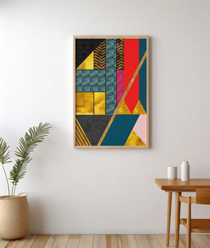 Geometric abstract design with vibrant colors and gold accents