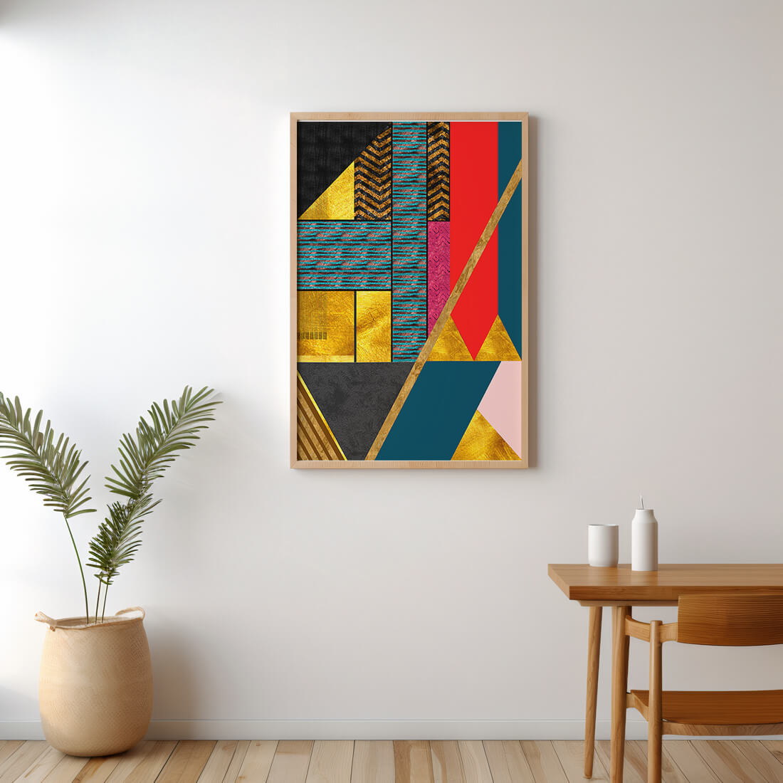Geometric abstract design with vibrant colors and gold accents