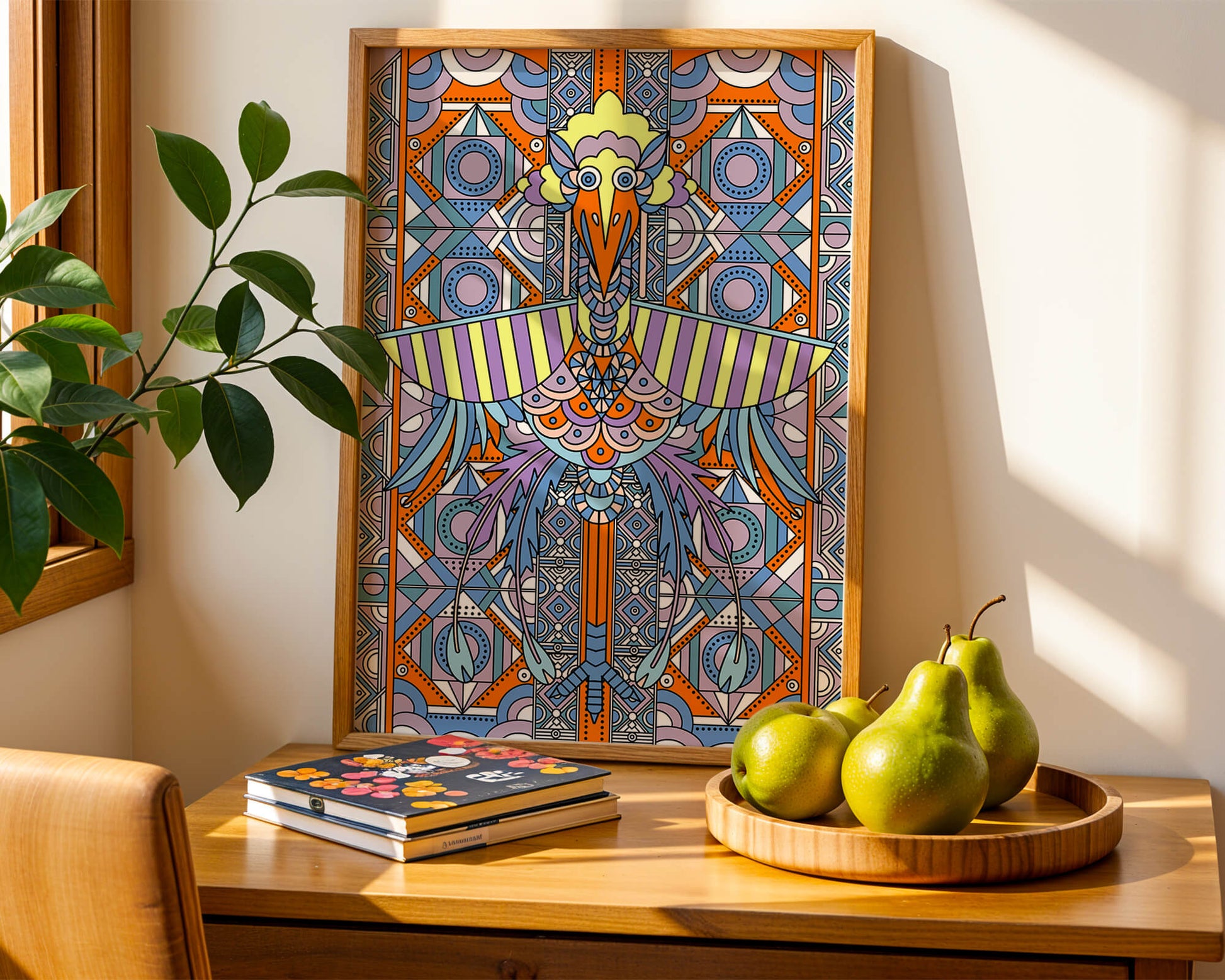 Oiseau géométrique coloré avec motifs détaillés