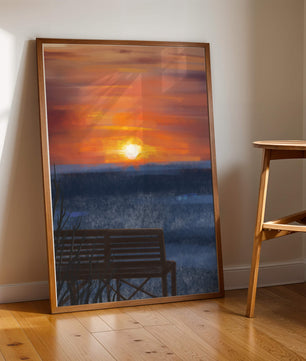 Serene Sunset Overlooking the Ocean with a Wooden Bench