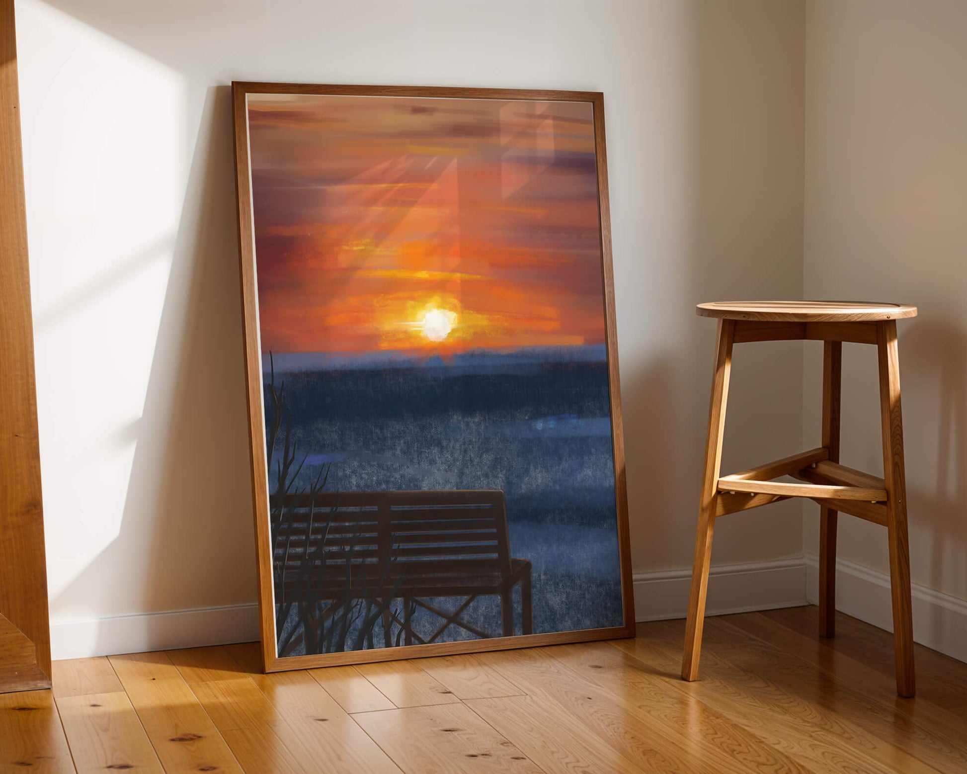 Serene Sunset Overlooking the Ocean with a Wooden Bench