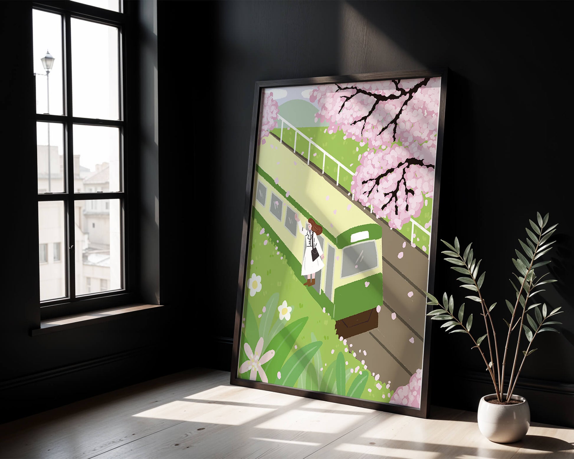 Cherry Blossoms and Train Scene in Spring Landscape