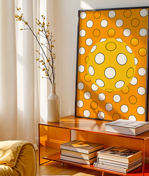 Colorful geometric pattern with white polka dots on orange background