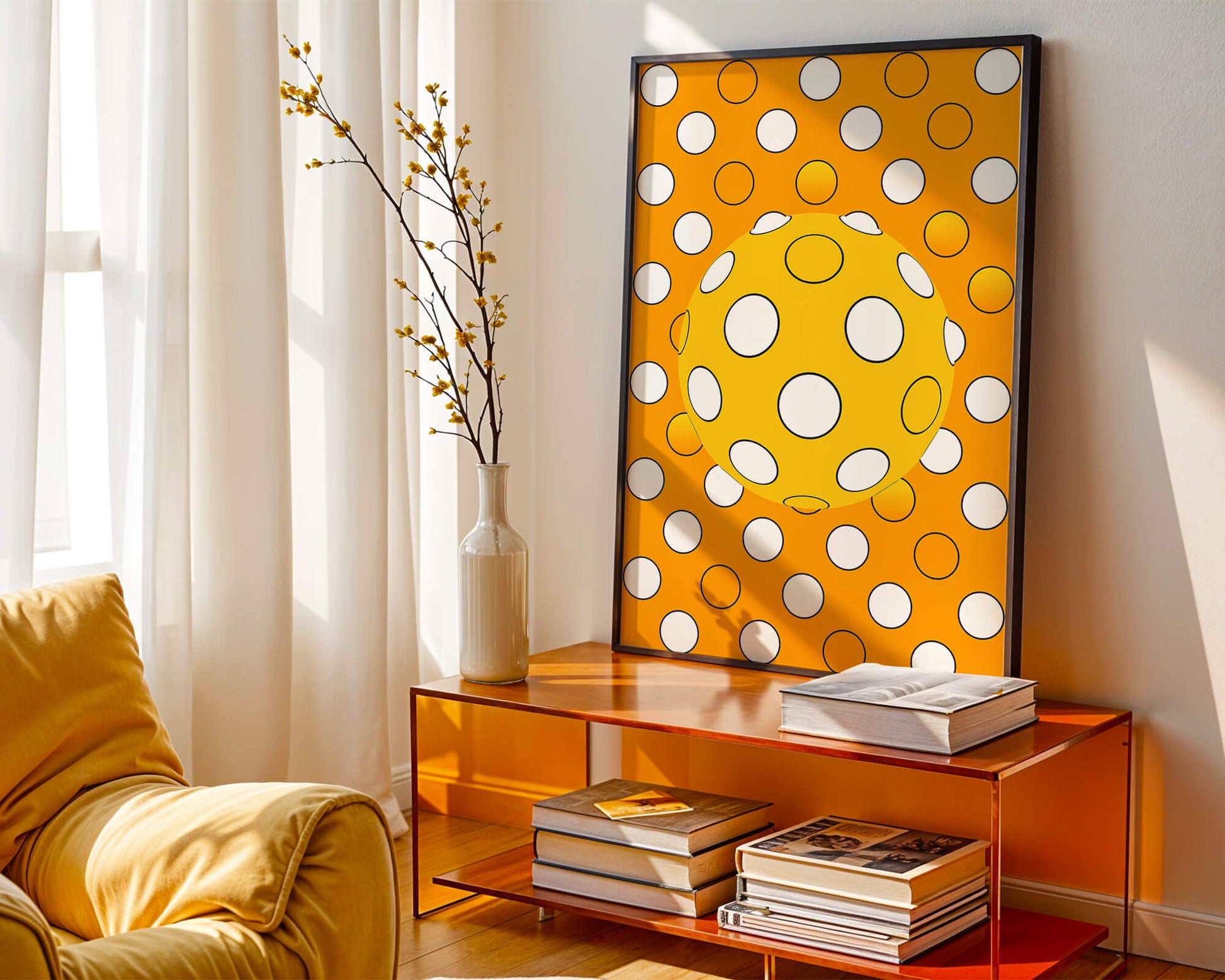 Colorful geometric pattern with white polka dots on orange background